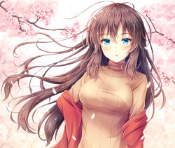 Rule 34 | 1girl, akashio (loli ace), blue eyes, blush, branch, breasts, brown hair, brown sweater, cherry blossoms, commentary request, floating hair, flower, hair between eyes, highres, large breasts, long hair, looking at viewer, original, parted lips, petals, pink flower, ribbed sweater, shawl, solo, sweater, turtleneck, turtleneck sweater, very long hair, white background, wind