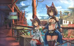 Rule 34 | 2girls, :d, animal ear fluff, animal ears, bare shoulders, belt, black hair, black shorts, blue sky, blush, bottle, breasts, brown gloves, brown legwear, building, cat ears, cat girl, cleavage, cloud, collarbone, crate, crop top, cup, day, dress, fantasy, fingerless gloves, front-tie top, gloves, hair ornament, head tilt, highres, holding, holding bottle, holding cup, holding hands, house, looking at viewer, medium breasts, midriff, multiple girls, multiple others, navel, open mouth, original, outdoors, short hair, short shorts, shorts, sign, sitting, sky, small breasts, smile, spaghetti strap, stomach, striped clothes, striped legwear, striped thighhighs, sunlight, table, thighhighs, vertical-striped clothes, vertical-striped thighhighs, white dress, white legwear, yu ni t
