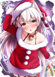 Rule 34 | 1girl, absurdres, amatsukaze (kancolle), animal ears, bell, blush, breasts, brown eyes, christmas, collar, commentary request, dress, fur trim, giraffe (ilconte), hair tubes, hat, highres, kantai collection, long hair, neck bell, red dress, santa costume, santa hat, silver hair, small breasts, two side up
