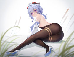 Rule 34 | 1girl, ahoge, artist request, ass, bare shoulders, blurry, blush, bodysuit, breasts, brown pantyhose, cameltoe, colored eyelashes, depth of field, detached sleeves, ganyu (genshin impact), genshin impact, gloves, grass, high heels, highres, long hair, looking at viewer, pantyhose, parted lips, purple eyes, shiny clothes, shiny skin, sideboob, silver hair, sitting, skin tight, smile, solo, very long hair, yokozuwari