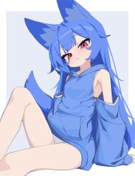Rule 34 | 1girl, absurdres, animal ear fluff, animal ears, bare shoulders, blue hair, blue hoodie, blush, breasts, closed mouth, commentary request, feet out of frame, grey background, head tilt, highres, hood, hood down, hoodie, knee up, long hair, long sleeves, looking at viewer, miya (myakuro), myakuro, original, panties, puffy long sleeves, puffy sleeves, red eyes, sitting, sleeves past wrists, small breasts, solo, tail, two-tone background, underwear, very long hair, white background, white panties