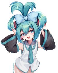 Rule 34 | 1girl, :d, absurdres, arms up, black sleeves, blue bow, blue eyes, blue hair, blue necktie, blush, bottomless, bow, cinnamiku, collared shirt, commentary, detached sleeves, english commentary, frilled shirt, frilled shirt collar, frills, hair between eyes, hair bow, hatsune miku, head tilt, headset, highres, long sleeves, necktie, nyatrix, open mouth, shirt, simple background, sleeveless, sleeveless shirt, smile, solo, tie clip, twitter username, vocaloid, white background, white shirt, wide sleeves
