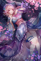 Rule 34 | 1girl, arm ribbon, breasts, bug, butterfly, cherry blossoms, collar, artistic error, flower, folding fan, frilled collar, frilled kimono, frilled shirt collar, frilled sleeves, frills, glitter, hand fan, hat, highres, himeki, insect, japanese clothes, kimono, knees together feet apart, legs, lips, long sleeves, looking at viewer, lying, lying on water, mob cap, obi, parted lips, partially submerged, petals, pink hair, pink lips, ribbon, ribbon-trimmed headwear, ribbon trim, ripples, saigyouji yuyuko, sash, short hair, short kimono, solo, thighhighs, thighs, touhou, triangular headpiece, uneven eyes, veil, water, wavy hair, white thighhighs, wide sleeves