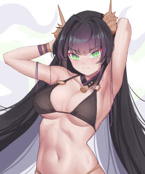 Rule 34 | 1girl, absurdres, ara (guardian tales), armpits, arms up, bikini, black bikini, black hair, blush, bracelet, breasts, closed mouth, frown, green eyes, guardian tales, highres, jewelry, long hair, looking at viewer, medium breasts, navel, seashell, shell, shell hair ornament, sliverdog, solo, swimsuit, wet