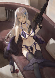 Rule 34 | absurdres, assault rifle, bad id, bad pixiv id, bottle, bra, breasts, cirilla lin, cleavage, couch, cross hair ornament, cup, drinking glass, facial mark, girls&#039; frontline, green eyes, gun, h&amp;k hk416, hair ornament, highres, hk416 (girls&#039; frontline), huge filesize, large breasts, lingerie, long hair, navel, panties, removing jacket, rifle, sitting, skirt, unworn skirt, thighhighs, underwear, weapon, white hair, wine bottle, wine glass
