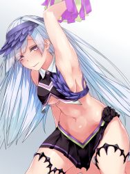 Rule 34 | 1girl, arm up, armpits, artist request, bare shoulders, black skirt, blush, breasts, brynhildr (cheer for master) (fate), brynhildr (fate), cheerleader, closed mouth, cowboy shot, crop top, crop top overhang, fate/grand order, fate (series), headgear, highres, long hair, looking at viewer, medium breasts, navel, pom pom (cheerleading), purple eyes, sideboob, silver hair, skirt, smile, solo, stomach, sweat, very long hair