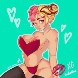 Rule 34 | 1girl, adhesive bra, black thighhighs, blonde hair, bra, breasts, brown hair, closed mouth, cowboy shot, dated, double bun, green background, green eyes, hair bun, hair ornament, heart, heart hair ornament, highres, koffii-tea, large breasts, lipstick mark, navel, original, outline, panties, parted lips, pink hair, red panties, sideboob, skindentation, solo, thighhighs, underwear, underwear only