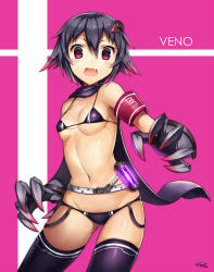 Rule 34 | 1girl, armband, bikini, black hair, blush, breasts, claws, fang, gia, looking at viewer, micro bikini, open mouth, original, purple eyes, short hair, simple background, solo, swimsuit, thighhighs, veno (gia)