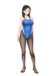 Rule 34 | 1girl, absurdres, bare arms, bare shoulders, black hair, breasts, bubuzuke, closed mouth, covered navel, feet, full body, groin, highres, hitotsumami: relaxation series, legs, legs apart, looking at viewer, medium breasts, medium hair, no shoes, original, pantyhose, pantyhose under swimsuit, pink eyes, sleeveless, smile, solo, standing, swimsuit, thighs, toes, transparent background
