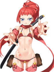 Rule 34 | 1girl, bikini, blue eyes, come hither, cropped legs, flat chest, foreshortening, junketsu duelion, lissa augusta, looking at viewer, naughty face, navel, official art, original, outstretched arms, outstretched hand, ponytail, red bikini, red hair, red scarf, scarf, simple background, smile, solo, swimsuit, sword, takoyaki neko-san, toned, weapon, white background