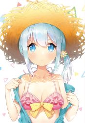 Rule 34 | 10s, 1girl, :o, alternate hairstyle, artist name, ayami (annahibi), bikini, blue eyes, blush, bow, bow bikini, breasts, cleavage, closed mouth, collarbone, commentary request, eromanga sensei, expressionless, flower, frilled bikini, frills, front-tie bikini top, front-tie top, hair flower, hair ornament, halterneck, hat, heart, izumi sagiri, looking at viewer, medium breasts, off shoulder, open clothes, parted lips, pink bikini, revision, side ponytail, silver hair, simple background, solo, straw hat, swimsuit, tareme, upper body
