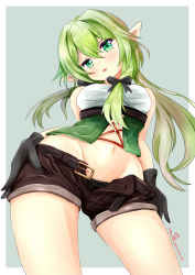 Rule 34 | 10s, 1girl, belt, black belt, black bow, black panties, black shorts, bow, breasts, clothes pull, commentary request, dated, ebiko yaki, elf, from below, gloves, goblin slayer!, green eyes, green hair, grey background, hair between eyes, hair bow, high elf archer (goblin slayer!), highres, long hair, looking at viewer, looking down, navel, open mouth, panties, pointy ears, short shorts, shorts, shorts pull, sidelocks, simple background, small breasts, solo, twitter username, underwear
