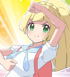 Rule 34 | 1girl, backpack, bag, blonde hair, blunt bangs, blush, clenched hands, closed mouth, commentary request, creatures (company), eyelashes, game freak, green eyes, highres, kousuke0912, lillie (pokemon), long hair, nintendo, outline, pink bag, pokemon, pokemon sm, ponytail, shirt, short sleeves, smile, solo, upper body, v-shaped eyebrows, white shirt
