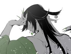 Rule 34 | 1boy, androgynous, ashiya douman (fate), bell, black hair, curly hair, unworn earring, earrings, fate/grand order, fate (series), from side, green nails, green theme, hair over eyes, hair tie in mouth, japanese clothes, jewelry, jingle bell, kimono, light particles, limited palette, lipstick, long hair, magatama, magatama earrings, makeup, male focus, mouth hold, multicolored hair, nail polish, scalp, simple background, toned, toned male, two-tone hair, undressing, vanpiru jun, very long hair, white background, white hair