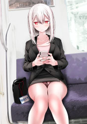 Rule 34 | 1girl, bag, unworn bag, black jacket, black skirt, blonde hair, blush, boss-chan (oouso), braid, breasts, cellphone, closed mouth, collarbone, feet out of frame, highres, holding, holding phone, id card, jacket, looking down, medium breasts, medium hair, mole, mole under eye, office lady, oouso, original, panties, panties under pantyhose, pantyhose, pantyshot, pencil skirt, pervert, phone, pink panties, pink pantyhose, pink shirt, red eyes, shirt, single braid, sitting, skirt, smartphone, solo, suit jacket, train interior, underwear