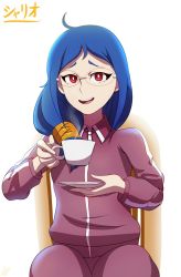 Rule 34 | 1girl, 2017, ahoge, bad anatomy, blue hair, chair, character name, cup, dated, drink, glasses, hands up, highres, jacket, jpeg artifacts, little witch academia, long hair, long sleeves, open mouth, pants, red eyes, red jacket, red pants, saucer, signature, simple background, sitting, smile, solo, steam, sweat, teacup, text focus, thehumancopier, translated, ursula callistis, white background, witch