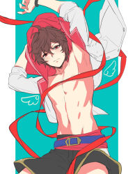 Rule 34 | 1boy, ahoge, aqua background, armpits, arms up, belt, bracelet, brown hair, commentary, commentary request, convenient censoring, cowboy shot, granblue fantasy, groin, hair between eyes, hood, hood down, jacket, jewelry, light blush, light frown, looking at viewer, male focus, male swimwear, messy hair, midriff, open clothes, open jacket, pectorals, red belt, red eyes, sandalphon (granblue fantasy), short hair, sleeves rolled up, solo, sweatdrop, swim trunks, tekki (tki)