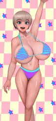 Rule 34 | 1girl, absurdres, arm up, bikini, blue eyes, breasts, covered erect nipples, fang, gradient background, highres, huge breasts, looking at viewer, open mouth, randy (awesomevillage), short hair, silver hair, simple background, smile, solo, standing, swimsuit, uzaki-chan wa asobitai!, uzaki hana
