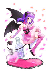 Rule 34 | 1girl, arm warmers, avarita (otoca d&#039;or), avarita (otoca doll), bat wings, black bow, boots, bottle, bow, bridal gauntlets, demon tail, detached collar, earrings, faux figurine, full body, hairband, heart, heart earrings, highres, horns, jewelry, nail polish, nekomissile, otoca d&#039;or, pink bow, pink eyes, pink footwear, pink nails, pink skirt, pink thighhighs, platform footwear, purple hair, short hair, skirt, smile, solo, tail, thigh boots, thighhighs, waist bow, white background, wings, zettai ryouiki