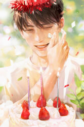 Rule 34 | 1boy, birthday, birthday cake, blurry, bokeh, brown hair, cake, candle, depth of field, food, hands on own face, highres, icing, jeong taeui, male focus, passion (manhwa), ryeomiii, smile, solo, strawberry cake
