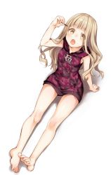 Rule 34 | 1girl, :d, barefoot, blonde hair, feet, food, full body, hair between eyes, holding, holding food, legs, long hair, looking at viewer, on floor, open mouth, red riding hood (sinoalice), red shorts, shirt, shorts, simple background, sinoalice, sitting, sleeveless, sleeveless shirt, smile, solo, teroru, toes, white background, yellow eyes