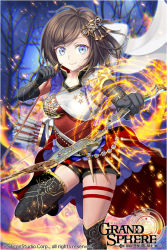 Rule 34 | 1girl, arrow (projectile), asymmetrical legwear, bare tree, black gloves, black shorts, blue eyes, blue gemstone, boots, bow (weapon), breasts, brown hair, cape, chromatic aberration, closed mouth, cloud, cloudy sky, commentary request, company name, copyright name, elbow gloves, fire, foreshortening, forest, gem, gloves, grand sphere, hair ornament, hair ribbon, hand up, high collar, holding, holding arrow, holding bow (weapon), holding weapon, impossible clothes, knee boots, kuroi nyan, leg up, looking at viewer, magic, medium breasts, mismatched legwear, multicolored shirt, nature, night, night sky, official art, outdoors, outstretched arm, over-kneehighs, pointing, pointing at viewer, print gloves, print thighhighs, purple footwear, purple ribbon, pyrokinesis, quiver, red cape, ribbon, rubber boots, shirt, short hair, short shorts, shorts, single over-kneehigh, single thighhigh, sky, sleeveless, sleeveless shirt, smile, solo, sparks, spiral, standing, standing on one leg, star (symbol), star print, swept bangs, thigh strap, thighhighs, tree, vial, waist cape, weapon, white ribbon, wind