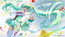 Rule 34 | 1girl, :d, blush, boots, breasts, confetti, dan evan, detached sleeves, floating hair, green eyes, green hair, green skirt, hair between eyes, hatsune miku, high heel boots, high heels, highres, index finger raised, long hair, looking at viewer, medium breasts, open mouth, pointing, pointing at viewer, racing miku, racing miku (2017), round teeth, showgirl skirt, skirt, smile, solo, tareme, teeth, thigh boots, thighhighs, twintails, very long hair, vocaloid, white footwear, white thighhighs