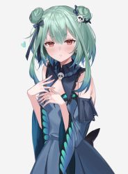 Rule 34 | 1girl, blue bow, blue dress, blue hair, blush, bow, closed mouth, commentary, detached collar, detached sleeves, double bun, dress, earrings, green hair, hair between eyes, hair bow, hair bun, hair ornament, hands up, heart, highres, hololive, jewelry, long hair, long sleeves, looking at viewer, multicolored hair, red eyes, roti, simple background, skull hair ornament, solo, streaked hair, uruha rushia, uruha rushia (1st costume), v-shaped eyebrows, virtual youtuber, white background, wide sleeves
