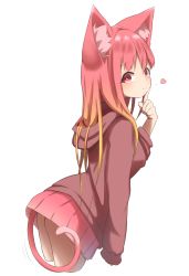 Rule 34 | 1girl, akaneko (idaten93), animal ear fluff, animal ears, ass, blush, brown hair, brown hoodie, cat ears, cat girl, cat tail, closed mouth, commentary request, cowboy shot, cropped torso, from side, gradient hair, heart, highres, hood, hood down, hoodie, idaten93, long hair, long sleeves, looking at viewer, looking to the side, multicolored hair, original, pleated skirt, puffy long sleeves, puffy sleeves, red eyes, red hair, red skirt, simple background, skirt, sleeves past wrists, smile, solo, tail, very long hair, white background