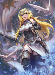 Rule 34 | 1girl, armor, armored dress, bare shoulders, bird, blonde hair, blue eyes, breasts, chain, cloud, cloudy sky, fate (series), faulds, flag, flower, fur trim, gauntlets, greaves, headpiece, jeanne d&#039;arc (fate), jeanne d&#039;arc (ruler) (fate), jeanne d&#039;arc (third ascension) (fate), kakumayu, large breasts, light rays, looking at viewer, open mouth, sky, sleeveless, solo, sunbeam, sunlight, sword, teeth, thighhighs, walking, weapon