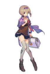 Rule 34 | 1girl, aqua eyes, boots, briefcase, brown hair, carrying, full body, grey thighhighs, hair between eyes, hairband, high heels, highres, itsumi nagi, official art, shigeru (graphic loops), short hair, simple background, skirt, solo, thighhighs, toys drive, white background, wristband