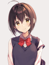 Rule 34 | 1girl, ahoge, bag, black hair, bow, bowtie, collared shirt, commentary request, grey background, hair between eyes, head tilt, idolmaster, idolmaster cinderella girls, kohinata miho, long sleeves, looking at viewer, red bow, red bowtie, rimo, school bag, shirt, short hair, simple background, smile, solo, sweater vest, upper body, yellow eyes