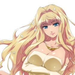 Rule 34 | 1girl, bare shoulders, blue eyes, breast hold, breasts, cleavage, crossed arms, dress, elbow gloves, flower, gloves, hair flower, hair ornament, hairu, jewelry, large breasts, long hair, looking at viewer, macross, macross frontier, necklace, sheryl nome, sideboob, simple background, smile, solo