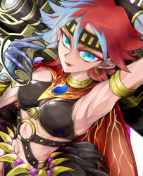 Rule 34 | 1girl, armlet, armpits, arms up, belly chain, bikini, black bikini, black headband, blue eyes, blue headwear, blue nails, breasts, cape, cleavage, collarbone, commentary request, duel monster, earrings, hair between eyes, headband, holding, holding rocket launcher, holding weapon, jewelry, looking at viewer, magical musketeer calamity, medium breasts, midriff, multicolored hair, navel, parted lips, pointy ears, red cape, red hair, rocket launcher, short hair, smile, solo, standing, swimsuit, two-tone hair, weapon, wristlet, yu-gi-oh!, yukitaka (zzzzz)
