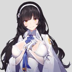 Rule 34 | 1girl, black hair, blue ribbon, blush, breasts, closed mouth, eyebrows hidden by hair, girls&#039; frontline, gloves, grey background, hair ornament, hairband, halterneck, highres, large breasts, long hair, looking at viewer, orange eyes, own hands together, ribbon, simple background, smile, solo, type 95 (girls&#039; frontline), upper body, whisibusy, white gloves, white hairband