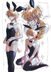 Rule 34 | 1boy, aether (genshin impact), alternate costume, androgynous, animal ears, black bow, black leotard, black thighhighs, blonde hair, blush, bow, braid, closed mouth, earrings, fake animal ears, genshin impact, highres, jewelry, leotard, long hair, looking at viewer, male focus, male playboy bunny, open mouth, rabbit ears, smile, solo, sparkle, speech bubble, thighhighs, tonwwee, white background, yellow eyes