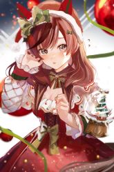 Rule 34 | 1girl, absurdres, animal ears, blurry, blurry background, blush, breasts, christmas, cleavage, commentary request, hat, highres, horse ears, horse girl, horse tail, kikinoki, long hair, medium breasts, medium hair, nice nature (umamusume), open mouth, red hair, ribbon, santa costume, santa hat, solo, tail, umamusume