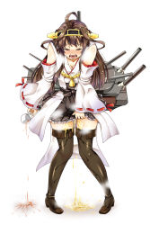 Rule 34 | 10s, 1girl, black thighhighs, blush, boots, brown hair, cannon, cup, detached sleeves, double bun, hair bun, hair ornament, hairband, headgear, highres, japanese clothes, kantai collection, kongou (kancolle), long hair, nontraditional miko, open mouth, pee, peeing, peeing self, personification, sarfata, skirt, solo, teacup, tears, thigh boots, thighhighs, turret