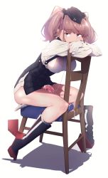Rule 34 | 1girl, atlanta (kancolle), ballcraftsmanft, boots, bottomless, breasts, brown hair, chair, cum, full body, futanari, gloves, grey eyes, hat, highres, kantai collection, large breasts, looking at viewer, medium breasts, overall skirt, petals, shirt, sitting, socks, solo, twintails