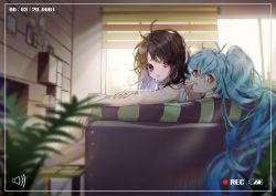 Rule 34 | 2girls, absurdres, blue hair, brown hair, c-ms (girls&#039; frontline), camera, commentary request, couch, girls&#039; frontline, highres, huge filesize, long hair, looking at viewer, multiple girls, recording, red eyes, shipka (girls&#039; frontline), short hair, timestamp, twintails, window, yamijam