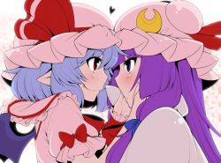 Rule 34 | 2girls, bat wings, blue bow, blue hair, blue ribbon, blush, bow, crescent, eichi yuu, face-to-face, fang, from side, hair bow, hair ribbon, hands on another&#039;s cheeks, hands on another&#039;s face, hat, hat ribbon, heart, mob cap, multiple girls, patchouli knowledge, pointy ears, puffy short sleeves, puffy sleeves, purple eyes, purple hair, red bow, red eyes, red ribbon, remilia scarlet, ribbon, short sleeves, smile, touhou, upper body, wings, wrist cuffs, yuri