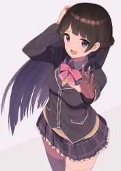 Rule 34 | 1girl, arms up, black jacket, blazer, blue eyes, blunt bangs, blunt ends, blush, bow, bowtie, braid, breasts, brown hair, cardigan, collared shirt, cowboy shot, french braid, from above, hair ornament, hairclip, hand on own head, highres, jacket, long hair, long sleeves, looking at viewer, looking up, medium breasts, nijisanji, open mouth, pink bow, pink bowtie, plaid, plaid skirt, pleated skirt, shirt, simple background, skirt, smile, solo, standing, thighhighs, tomioka jirou, tsukino mito, tsukino mito (1st costume), virtual youtuber, white shirt