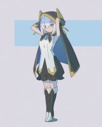 Rule 34 | 1girl, armpits, arms up, ars almal, bare shoulders, black cape, black footwear, black skirt, blue background, blue eyes, breasts, cape, closed mouth, commentary request, detached sleeves, eyes visible through hair, full body, grey background, hair over one eye, highres, hood, hood up, hooded cape, kneehighs, long sleeves, nijisanji, puffy long sleeves, puffy sleeves, see-through, see-through sleeves, shadow, shirt, silver hair, sirataki umauma, skirt, sleeveless, sleeveless shirt, small breasts, socks, solo, standing, two-tone background, virtual youtuber, white shirt