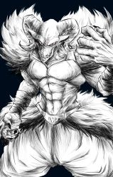 Rule 34 | 1boy, abs, artist request, belt, dragon ball, dragon ball super, evil grin, evil smile, fingernails, fur, grin, horns, looking at viewer, monochrome, moro (dragon ball), muscular, navel, no humans, pants, pointy ears, red eyes, sharp teeth, smile, smirk, solo, teeth, upper body