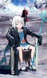 Rule 34 | 1boy, 1girl, absurdres, black jacket, chair, cosplay, crossover, dante (devil may cry), devil may cry (series), devil may cry 5, fins, fish tail, gawr gura, highres, hololive, hololive english, hyde (tabakko), jacket, looking at viewer, parody, photo background, polearm, shark print, shark tail, shoes, sitting, smile, sneakers, tail, trident, vergil (cosplay), vergil (devil may cry), virtual youtuber, weapon