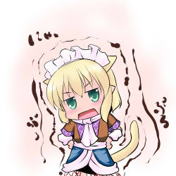 Rule 34 | 1girl, animal ears, arm warmers, black skirt, blonde hair, blush, brown jacket, cat ears, cat tail, chibi, commentary request, cowboy shot, extra ears, fang, green eyes, head tilt, hoshizuki (seigetsu), jacket, jitome, kemonomimi mode, looking at viewer, maid headdress, mizuhashi parsee, multicolored clothes, multicolored jacket, open mouth, pointy ears, puru-see (hoshizuki (seigetsu)), sash, scarf, short hair, short sleeves, skin fang, skirt, solo, tail, touhou, trembling, white sash, white scarf
