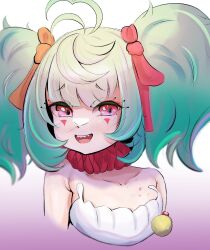 Rule 34 | 1girl, absurdres, ahoge, armpit crease, bare shoulders, blunt bangs, blush, boosauce03, choker, collarbone, coni confetti, eyelashes, facial mark, frilled choker, frills, green hair, highres, looking at viewer, neck ruff, open mouth, red choker, red eyes, red ribbon, ribbon, sharp teeth, short twintails, sidelocks, simple background, smile, solo, teeth, twintails, upper teeth only