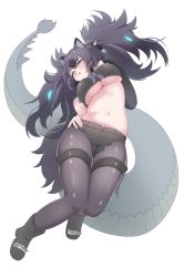 Rule 34 | 1girl, absurdres, animal ears, aqua eyes, bare shoulders, big hair, black hair, black pantyhose, black shorts, blush, breasts, buttons, cerberus (kemono friends), collar, covered erect nipples, crotch seam, cutoffs, dog ears, elbow gloves, fingerless gloves, full body, gloves, glowing, glowing hair, hair between eyes, half-closed eyes, hand up, highres, kemono friends, large breasts, pantyhose under shorts, long tail, looking at viewer, mapuri4649, multicolored hair, navel, pantyhose, parted lips, scar, scar across eye, scar on face, shiny clothes, shoes, short shorts, shorts, simple background, skindentation, slit pupils, solo, spiked collar, spikes, stomach, strapless, tail, thigh gap, thigh strap, thighs, tube top, two side up, unbuttoned, underboob, white background