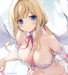 Rule 34 | 1girl, angel wings, bikini, blonde hair, blue eyes, blush, breasts, cleavage, frilled bikini, frills, highres, karory, large breasts, long hair, looking at viewer, low twintails, neck ribbon, original, red ribbon, ribbon, solo, swimsuit, twintails, twitter username, white bikini, white wings, wings