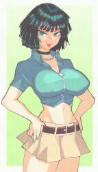 Rule 34 | 1girl, :d, belt, black choker, black hair, breasts, choker, cowboy shot, cropped shirt, dark green hair, fubuki (one-punch man), green eyes, green nails, hands on own hips, highres, inkerton-kun, jewelry, large breasts, looking at viewer, midriff, multicolored hair, nail polish, navel, necklace, one-punch man, open mouth, pearl necklace, skirt, smile, solo, standing, yellow skirt, zipper pull tab